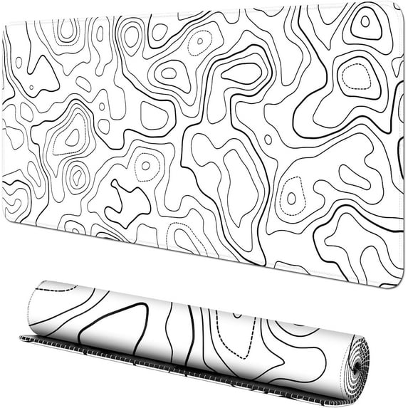 White Topographic Contour Large Gaming Mouse Pad for Desk,XL Big Mouse Pad Gaming Desk Mat,Mousepad Desk Pad With Non-Slip Base and Stitched Edge,Keyboard Mouse Mat for Home Office Work,31.5 x 11.8 in