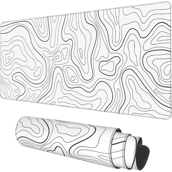 White Topographic Contour Map Desk Mat Extended Large Gaming Mouse Pad, 35.4x15.7 Inch, NonSlip Base, Stitched Edge, Long Computer Keyboard Mouse Mat for Home Office