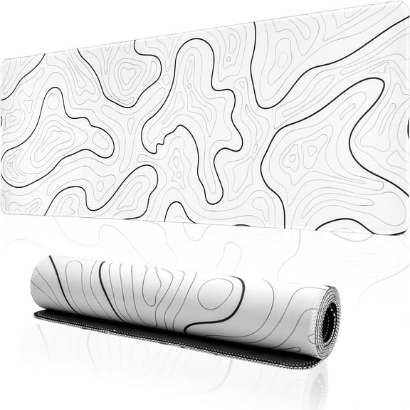White Topographic Gaming Mouse Pad - Large Desk Mat for Desk, Long XL Mouse Pads, Non-Slip Rubber Base, Ideal for Gaming, Office, Computer Laptop, 31.5x11.8 Inch