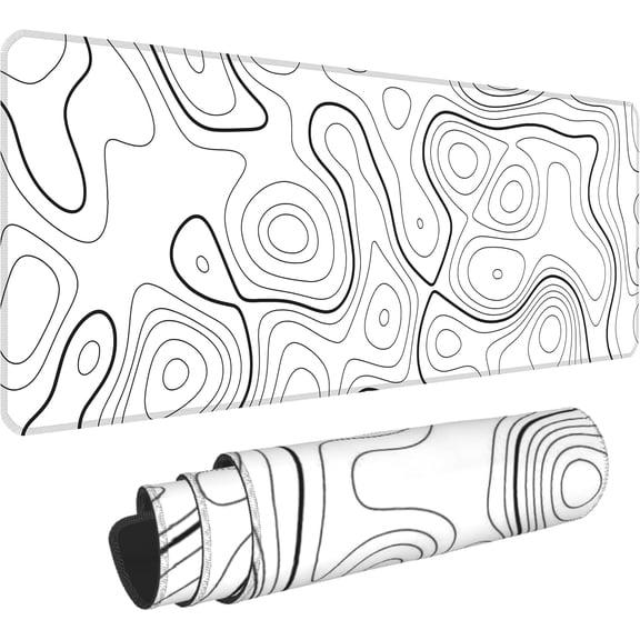 White Topographic Map Mouse Pad,XL 31.5"x11.8" Big Gaming Mousepad,Minimalist Lines Large Extended Mouse Mat,Non-Slip Rubber Base Waterproof with Stitched Edges for Gaming Office Home