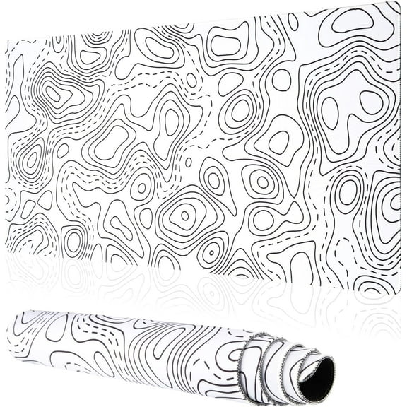 White Topographic Map Waterproof Mouse Pad - Extended Contour Mouse Mat for Home and Office, Large Gaming Mousepad Laptop Keyboard Mat with Non-Slip Base, Stitched Edges (35.43"x15.75"x0.12")
