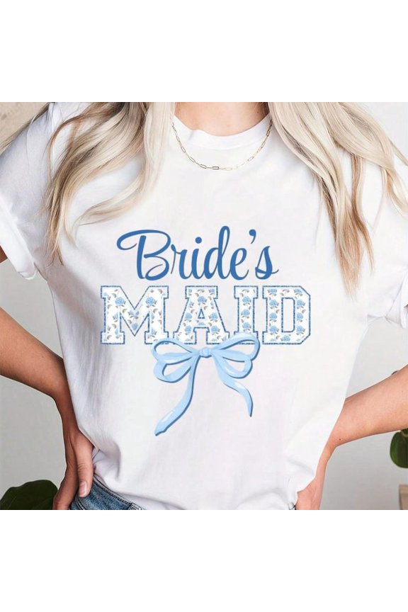 White Tops, 1pc 100% Cotton Casual T-Shirt With Bridesmaid Blue Bow Coquette Floral Matching Bridal, Wedding Gift, Honeymoon Shirts, Romantic Valentine's Day Gift For Couples, Bachelor Party Gifts