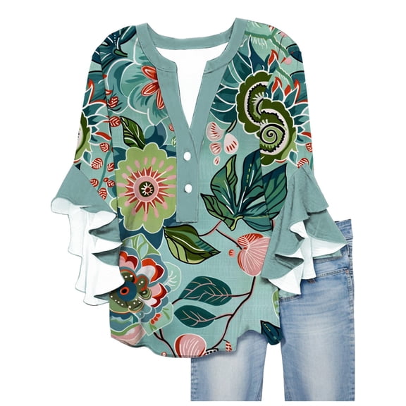 White Tops for Women Button V Neck Ruffle Sleeve Shirts, Plus Size Causal 3/4 Sleeve Tops for Women, Floral Printed Summer Beach Holiday Blouses Multicolor