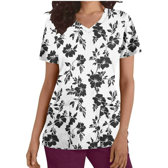 White Tops for Women Casual Fashion Printed Short Sleeve V-Neck Pocket Work Top