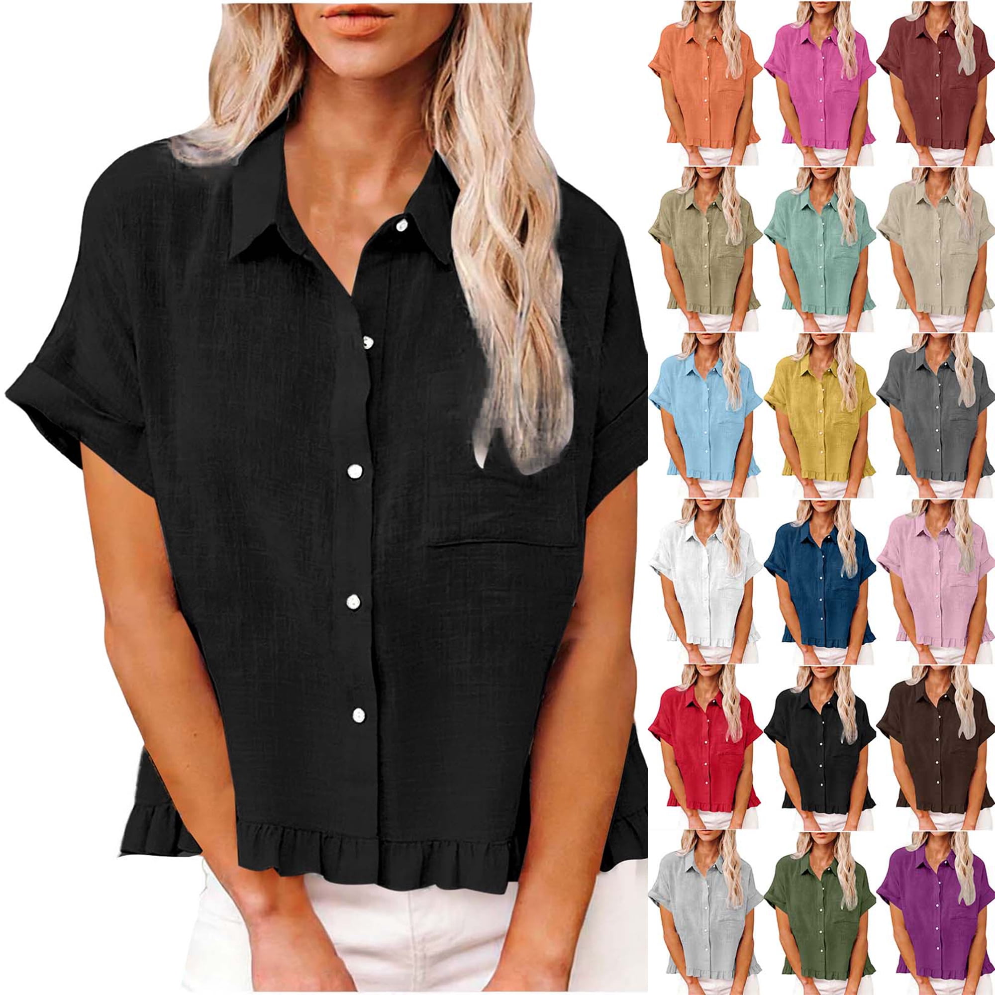 White Tops for Women Fashion Spring Clothing Fabric Solid Color Front Pocket Hem Fringe Short Sleeve Flared Collar Top