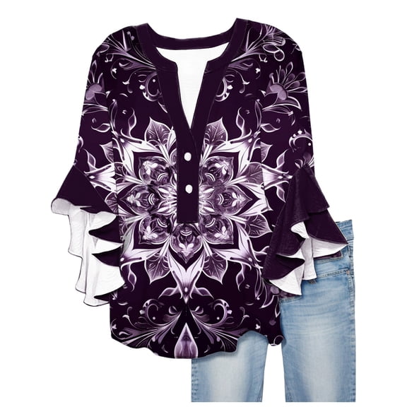White Tops for Women Floral Print V Neck Blouses for Women 3/4 Ruffle Sleeve Shirts Casual Summer Tops