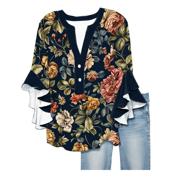 White Tops for Women Floral Print V Neck Blouses for Women 3/4 Ruffle Sleeve Shirts Casual Summer Tops