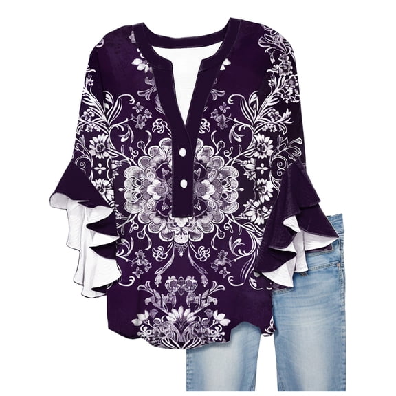 White Tops for Women Floral Print V Neck Blouses for Women 3/4 Ruffle Sleeve Shirts Casual Summer Tops