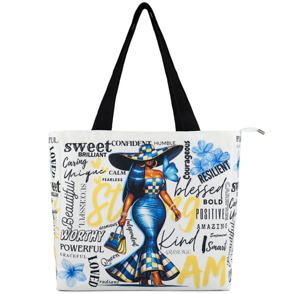 White Tote Bag,African Attire for Women,Large Tote Bag with Zipper,Mothers Day Gifts,Inspirational Gifts for Women,Shopping,GYM,Vacation,Work,Travel