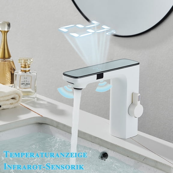 White Touchless Bathroom Sink Faucet Automatic Sensor Vanity Mixer Temp Display