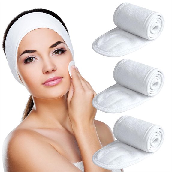 White Towel Stretch Hair Band,3 Counts Makeup Headband with Fixing Tape,Spa Facial Wrap Head Band,Terry Cloth Head Wrap,for Face Washing Shower Yoga Spa and Sport