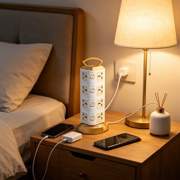 White Tower Power Strip with Overload Protection,Tower Surge Protector Power Strip with 3 USB Ports & 16 Universal Socket Plugs for Office & Home