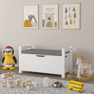 White Toy Box, Seizeen Toy Storage Organizer for Kids, Wooden Toy Chest for Kids Capacity 150 lbs, Entryway Bedroom Storage Bench Trunk for Toy Clothes W/Safety Hinged Lid, Cushion
