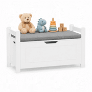 White Toy Box, Seizeen Toy Storage Organizer for Kids, Wooden Toy Chest for Kids Capacity 150 lbs, Entryway Bedroom Storage Bench Trunk for Toy Clothes W/Safety Hinged Lid, Cushion