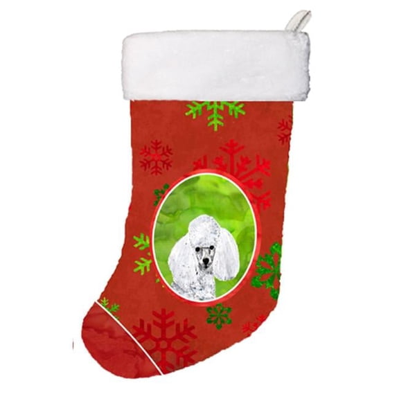White Toy Poodle Red Snowflakes Holiday Christmas Stocking- 11 x 8 In.