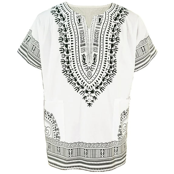 White Traditional African Print Dashiki Shirt - 5XL