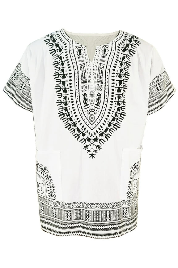 White Traditional African Print Dashiki Shirt - Small