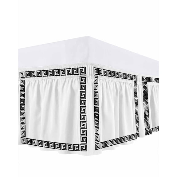 White Traditional Bed Skirt Queen Size 16" Drop Greek Key Meander Border Square Geometric Ruffled Wrap Around Bed Skirts Adjustable Elastic Bedskirt Dust Ruffle for Queen Size Bed