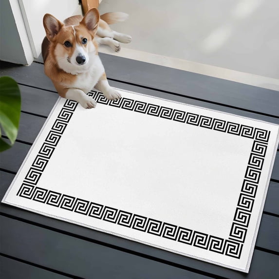 White Traditional Front Door Rugs 2x3 ft Greek Key Meander Border Square Geometric Small Rug for Entryway Non Slip Washable Bathroom Door Mat Absorbent Floor Mat for Indoor Entrance
