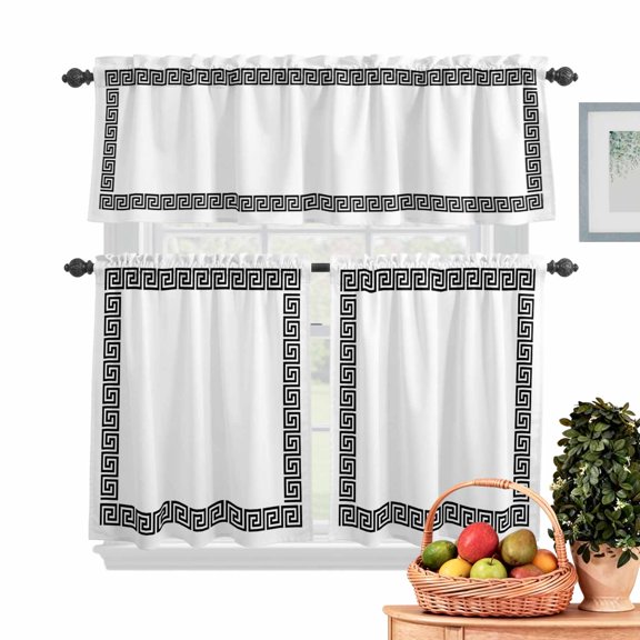White Traditional Kitchen Curtains Valances 3 Piece Set, Greek Key Meander Border Square Geometric Rod Pocket Tier Curtain and Valance Drapes for Small Window 24 Inch Length for Bedroom Cafe