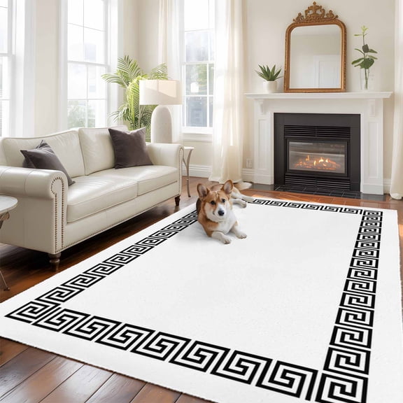 White Traditional Large Area Rugs 5x8 ft Greek Key Meander Border Square Geometric Washable Rug Non Slip Indoor Carpet Absorbent Floor Mat for Living Room Bedroom Dining Room