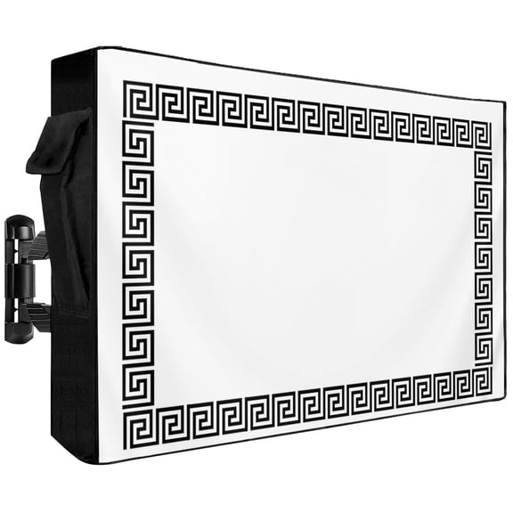 White Traditional Outdoor TV Cover 30 to 32 inch Greek Key Meander Border Square Geometric Waterproof Dustproof TV Covers for Outside with Zipper Remote Control Pocket Flat Screen Protectors