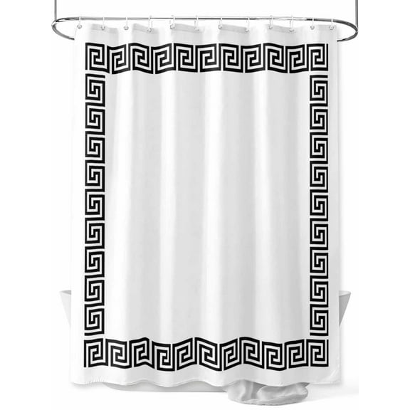 White Traditional Shower Curtain, Greek Key Meander Border Square Geometric Waterproof Shower Curtain Set with 12 Hooks Lightweight Washable Fabric Shower Curtains for Bathroom 36x72 Inches