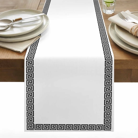 White Traditional Table Runner 13x90 inch Greek Key Meander Border Square Geometric Cotton Linen Dining Table Runner Ideal for Dresser Kitchen Coffee Tables - Machine Washable
