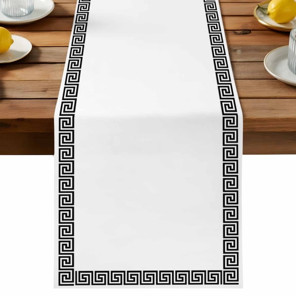 White Traditional Table Runner, Greek Key Meander Border Square Geometric Cotton Linen Table Cloth, Tablerunner for Kitchen Dining Party Wedding Home Decor 13x70 Inch
