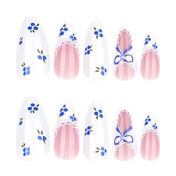 White Translucent Pink French Style Blueberry Bow Press on Nails, Short Almond Glossy False Nails with Raised Detail and Pearl Accent, 24 Count