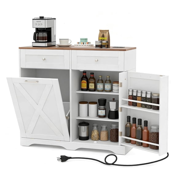 White Trash Can Cabinet with Charging Station, Buffet Sideboard, and 9.25-Gallon Laundry Hamper