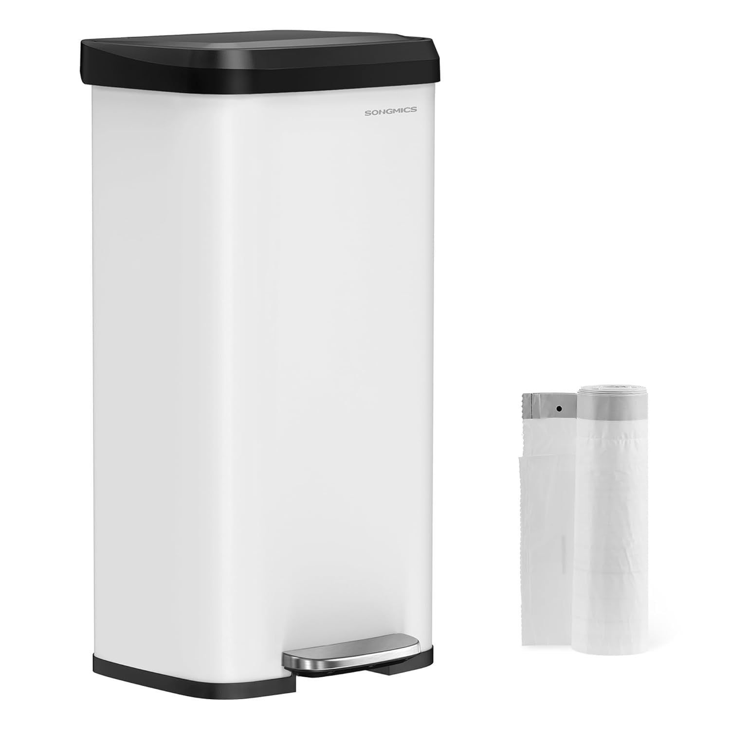White Trash Can with Lid, Freestanding Kitchen Garbage Bin with Removable Inner Bucket