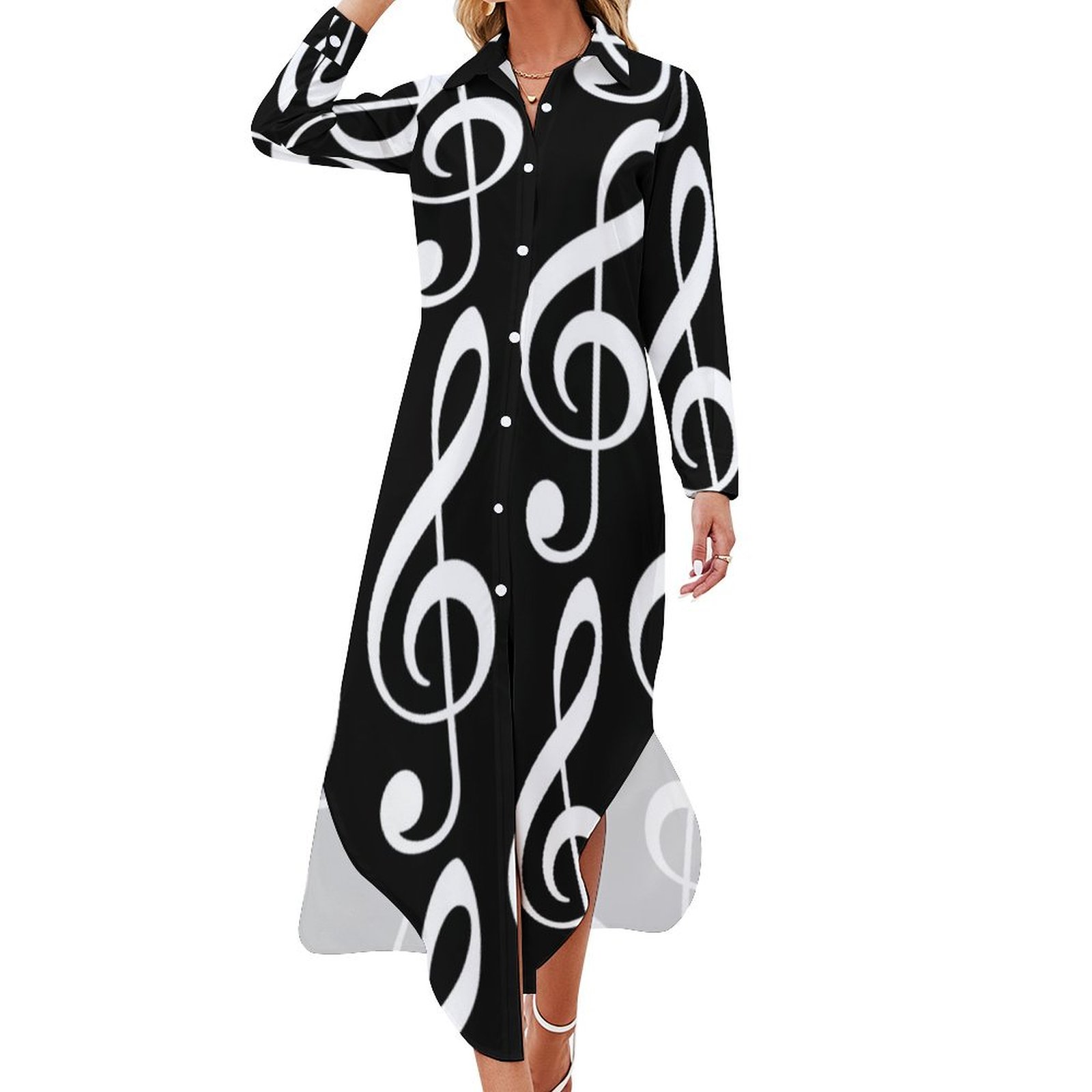 White Treble Clef on Black Long Sleeved Shirt Dress chic and elegant ...