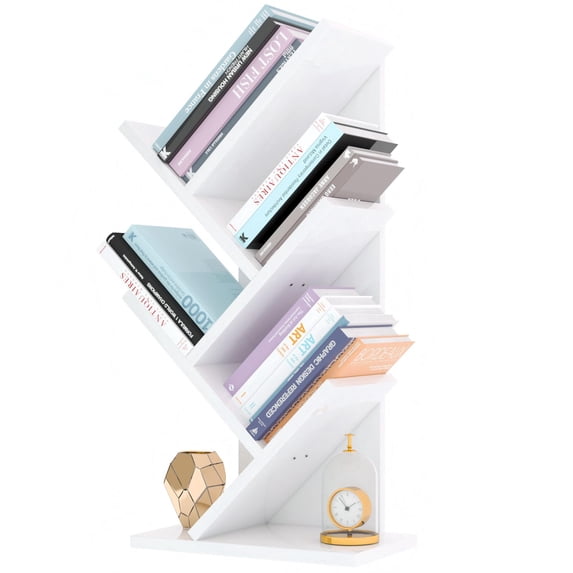 White Tree Bookshelf, 4-Tier Leaning Ladder Book Storage Organizer With Base Display Shelf