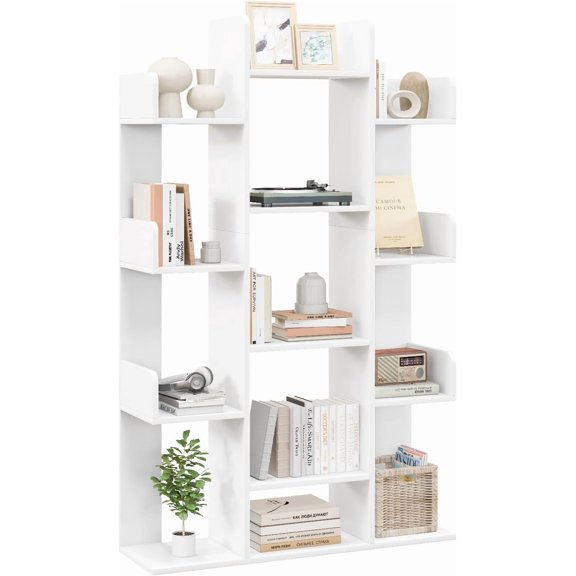White Tree Bookshelf, Freestanding Corner Storage Organizer with 13 Open Shelves, Decorative Display Cube Shelf for Living Room, Study, Office, 34 x 9.5 x 55.5 Inch (1, White)