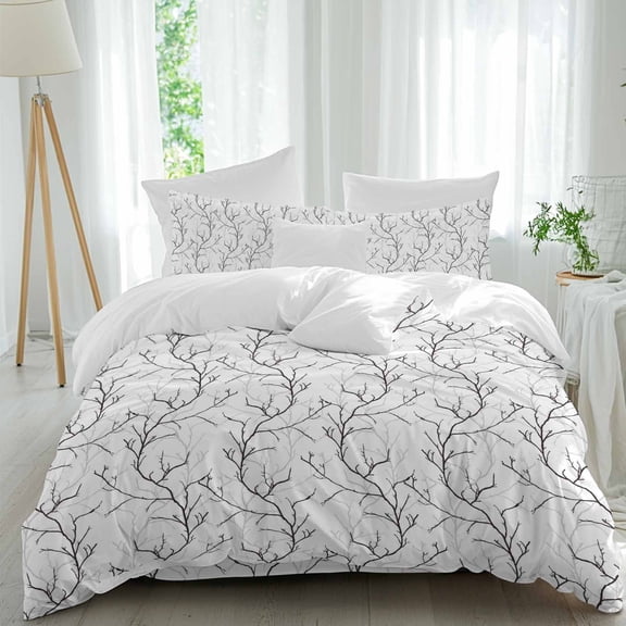 White Tree Branch Comforter Set Full Size, Retro Classic Art White Black Tree Branches Flower Soft Bedding Set for Man Woman, 4 Pieces Duvet Cover Set with Fitted Sheet, 2 Pillowcases