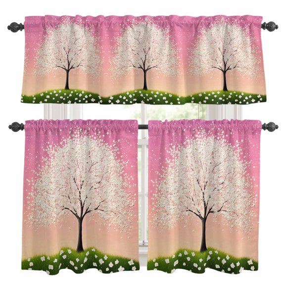 White Tree Kitchen Curtains Set for Windows, Watercolor Trees Green Grass Gradient Pink Sky Curtains Valance and Tier 3 Piece Set Small Drapes 36 Inch Length for Kitchen Bedroom Decor