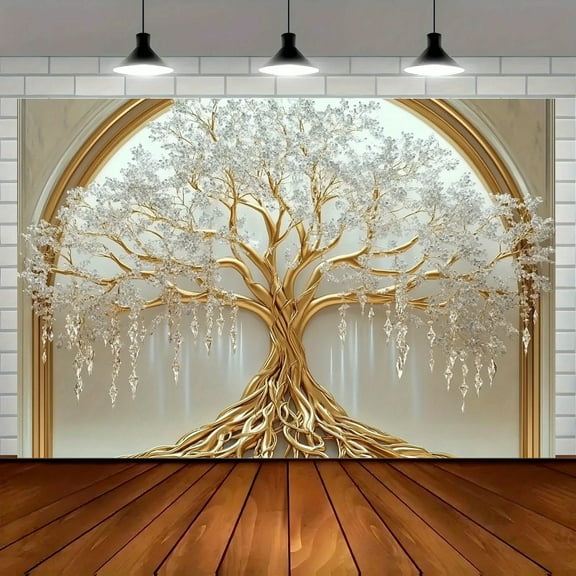 White Tree of Life Backdrop Elegant Golden Branches White Flowers Wall Hanging, Perfect Decor for Bedroom, Office, and Events, Party Banner Background Cloth, Office Decoration, Decorative Tapestry
