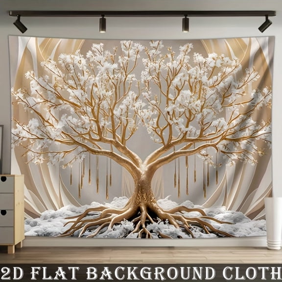 White Tree of Life Backdrop White Floral Gold Leaves Tassels Fantasy Photography Background Luxurious Golden Branch Family Gathering Party Decorations Banner Photo Booth Props