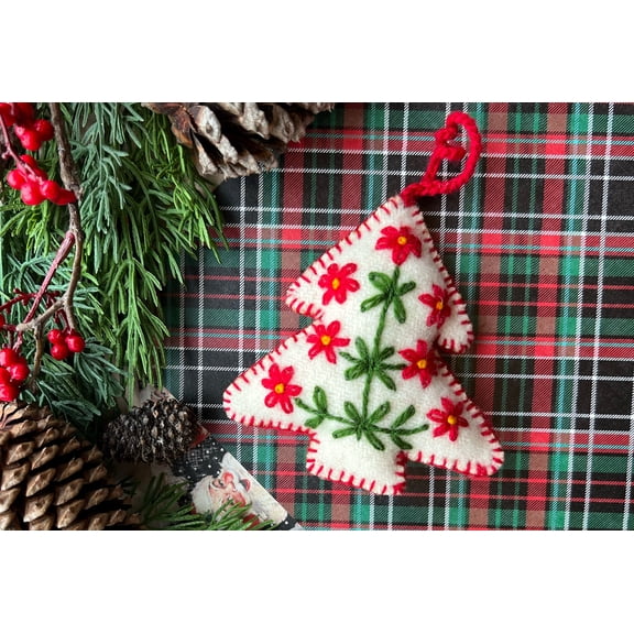 White Tree Ornament, Embroidered Wool Christmas Decor Handmade in Peru
