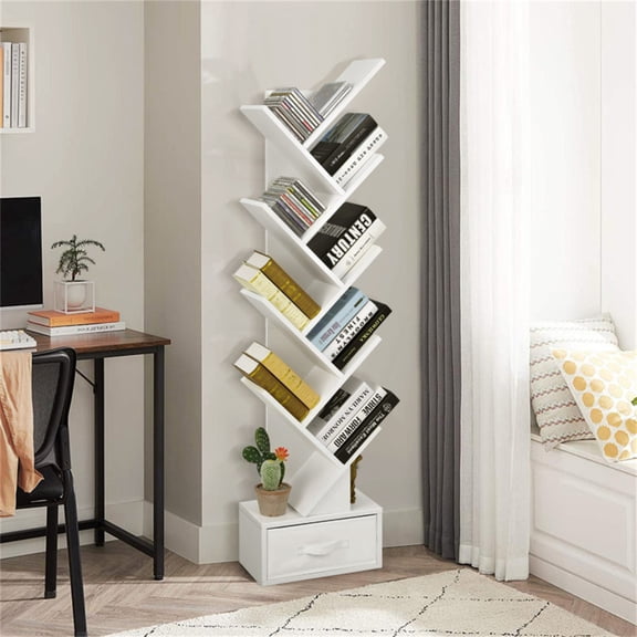 White Tree Shaped Bookshelf 10 Open Shelves Foldable Fabric Drawer Space Saving Corner Storage