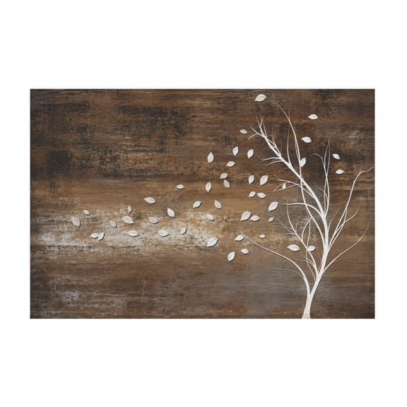 White Tree Silhouette with Blowing Leaves on Vintage Wood Panels Canvas Wall Art for Living Room Bedroom Office 12*18in