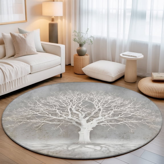 White Tree Washable Round Area Rug 5 ft, Gray Wall Minimalist Abstract Art Vintage, Soft Non Slip Rugs Stain Repellent Indoor Felt Carpet for Living Dining Room Bedroom Home Office
