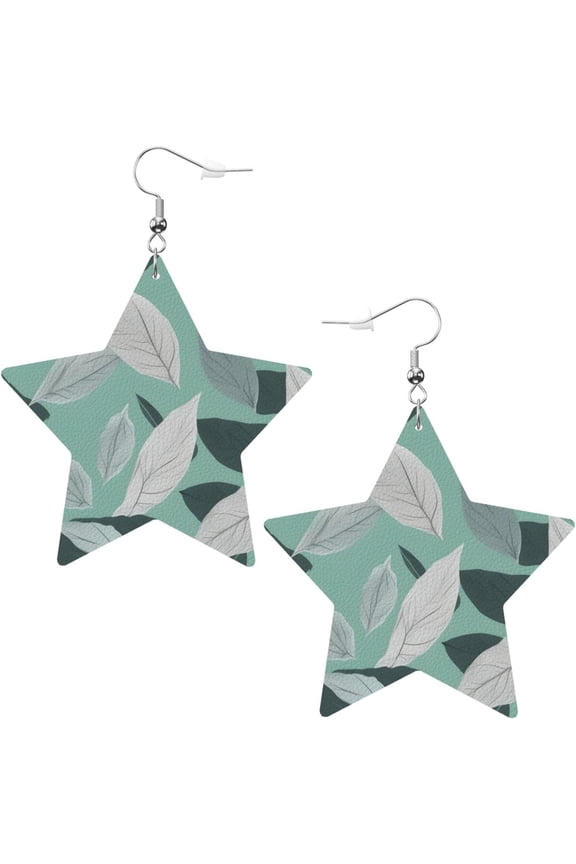 White Trendy Mint Gray Leaves Print Leather Star Earrings for Women  Lightweight Dangle Jewelry, Party Favors & Decorations[s989]