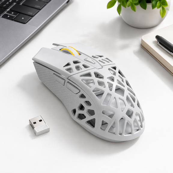 White Tri-Mode Wireless Gaming Mouse with PAW3104 Sensor and 6 Buttons