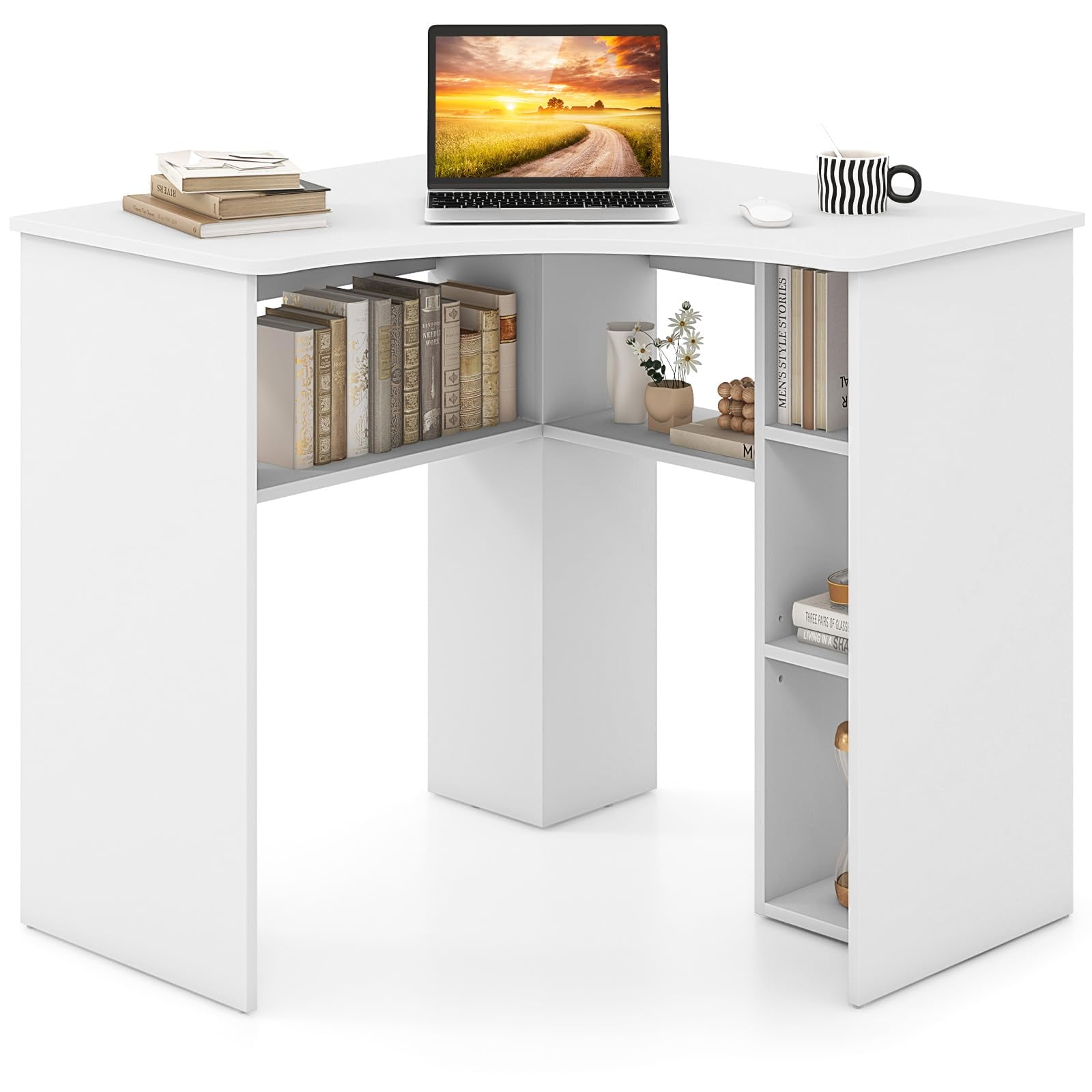 White Triangle Corner Desk with Storage, Compact Study Writing Table ...