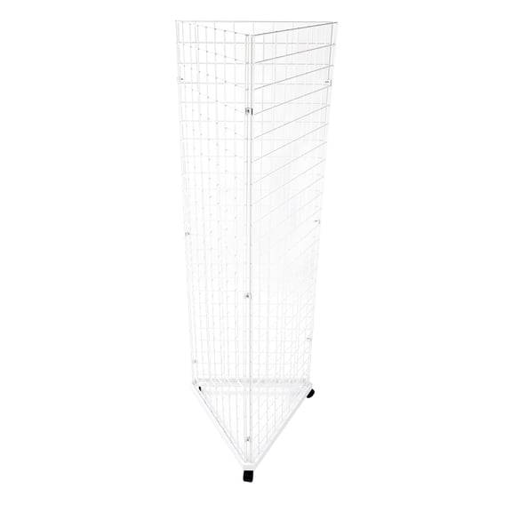 White Triangle Wire Grid Tower with Base and Casters - Grid Wall Retail Display Stand - Moveable and Space-Saving Wire Display Rack for Vendors - Ideal for Boutique Thrift Craft and Art Shows