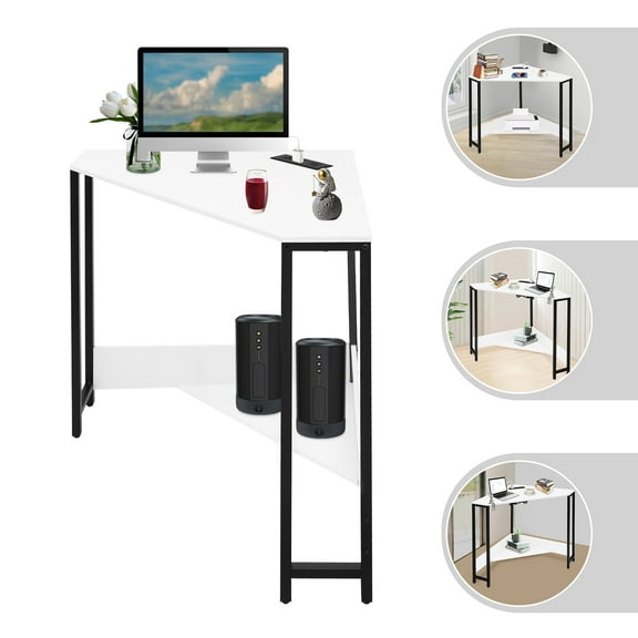 White Triangular Corner Desk Small Desk with Outlets Free Standing computer desk Corner Table for Small Space Office Student Dormitory Design Studio Game Room Study Room Modern Style