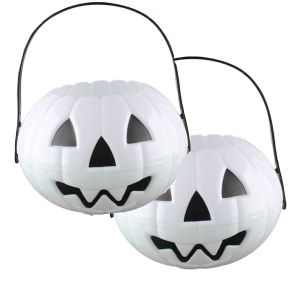 White Trick or Treat Bucket Mini Halloween Pumpkin Candy Bucket, Portable Plastic Candy Pail with Handle, Trick or Treat Candy Holder, Halloween Party Favors Candy Servers