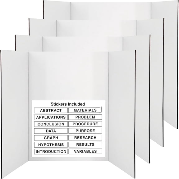 White Trifold Presentation Board 36" x 48" (Pack of 4) Self-Adhesive Science Subtitles Included - Display Exhibition Board Lightweight and Portable with Smooth Surface